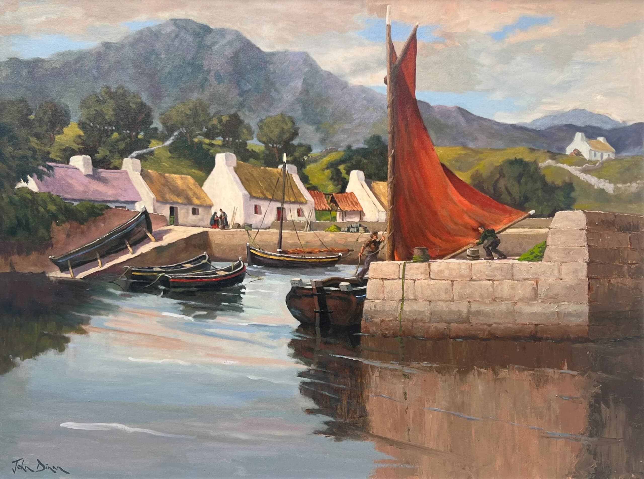 Connemara harbour scene — fishing boats at a stone quay, white-washed cottages on the shore, a red sail being raised, with the Twelve Bens mountains beyond