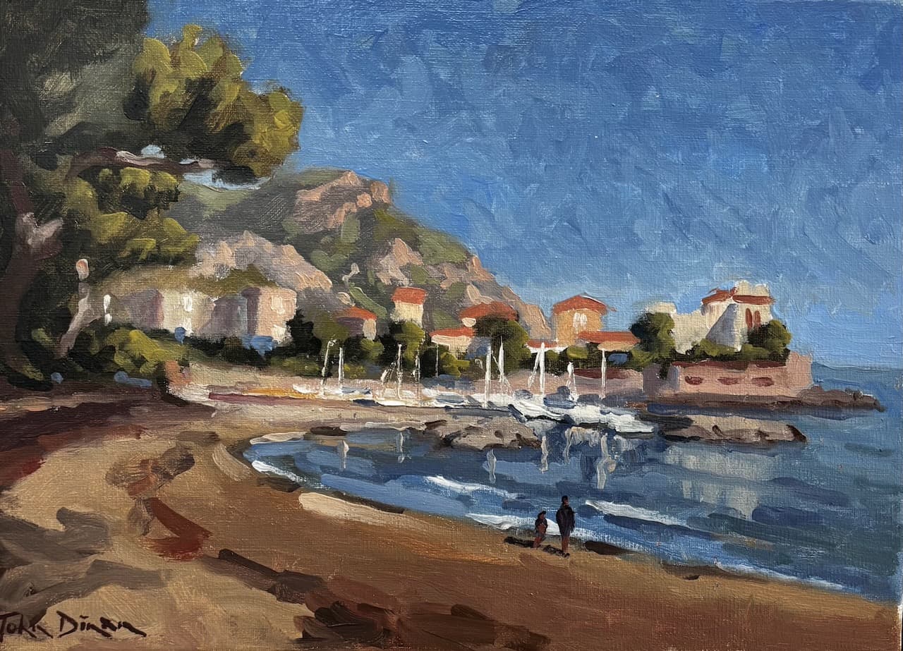 Beaulieu sur Mer, Côte d’Azur — oil painting of a Mediterranean fishing harbour with pebble beach and still water in early morning light