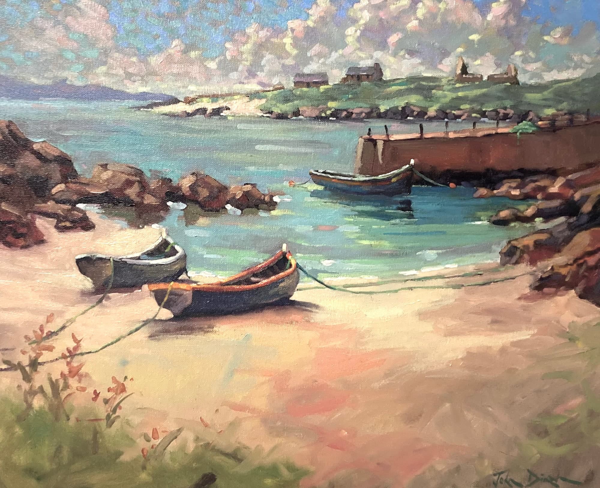 Harbour Boats — colourful fishing boats in dry dock with warehouses behind, the kind of scene John often paints during the Roundstone workshop