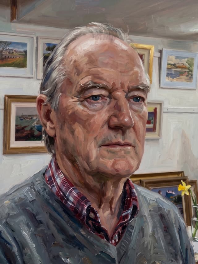 Self-portrait by John Dinan — oil on canvas, in his studio with framed work behind him