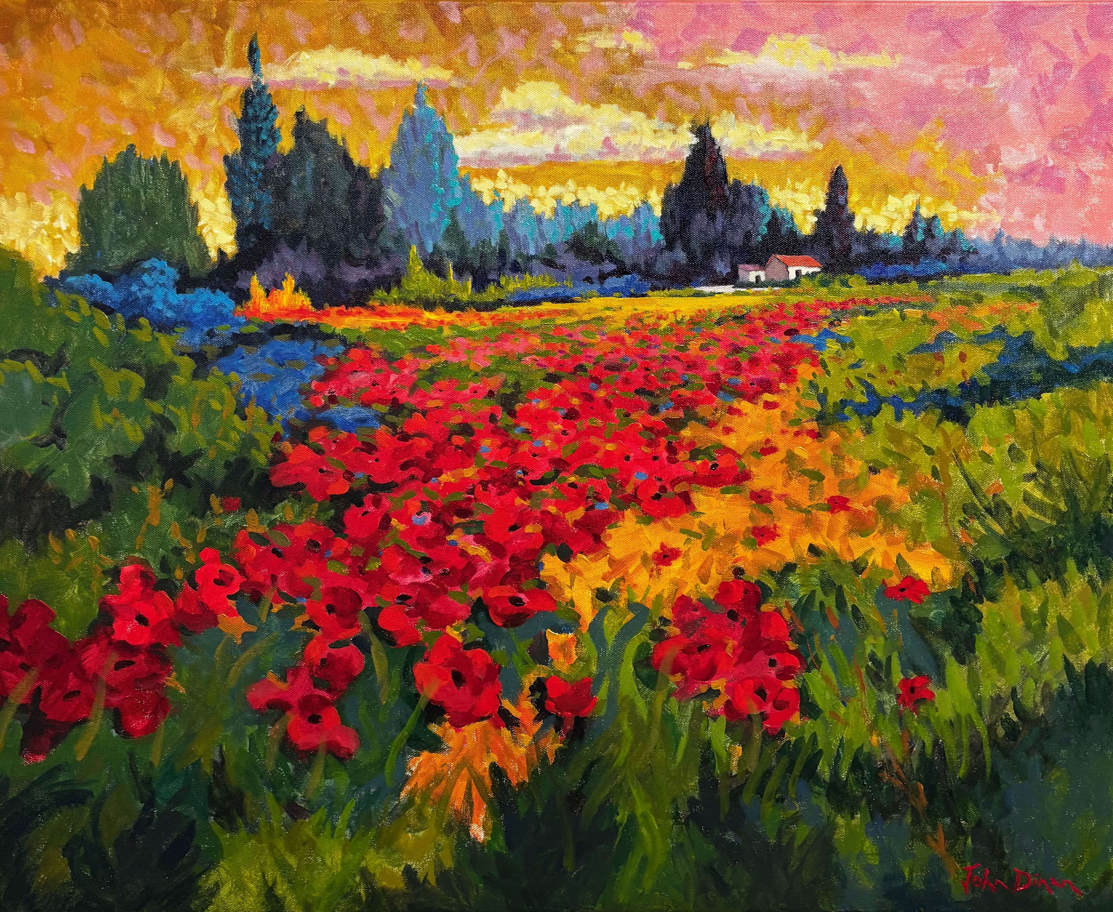 A brightly coloured rural Italian scene featuring a stunning red display of wild poppies that triggered equally bright and magical colours in the rest of the composition