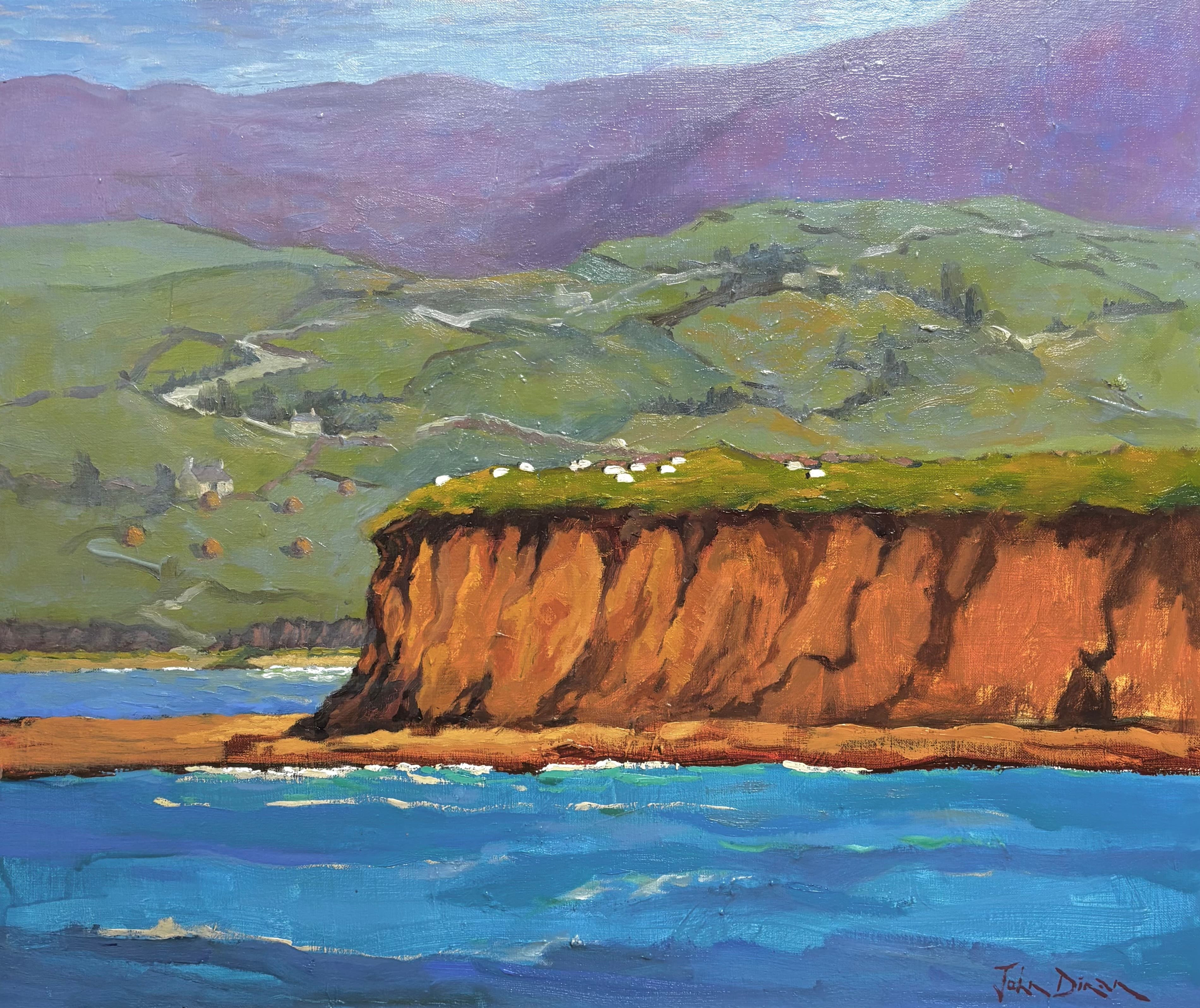 Headland within mountainous background and sheep resting