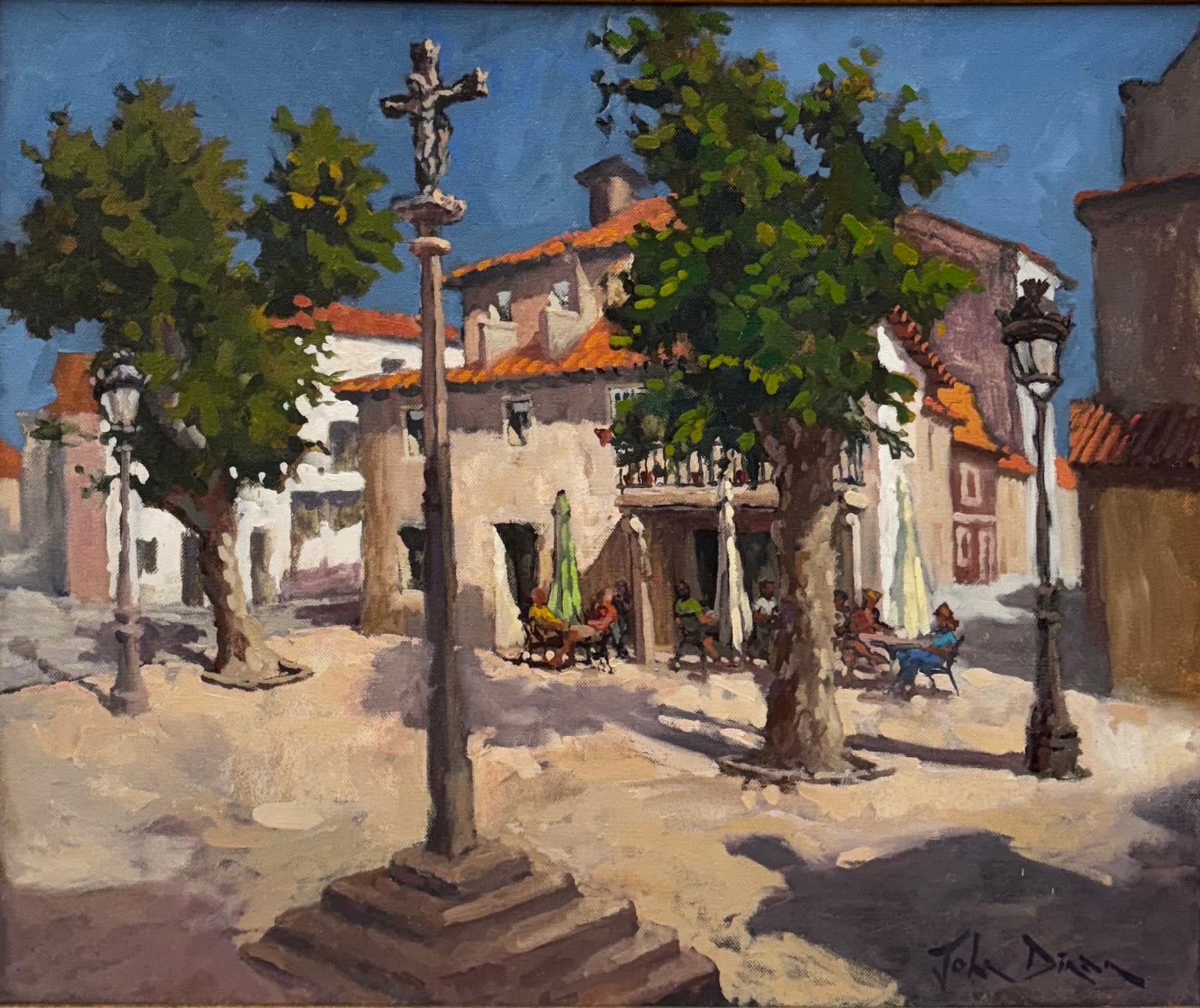 The view outside a cafe in central O'Grove, a large scenic coastal village in north west Spain