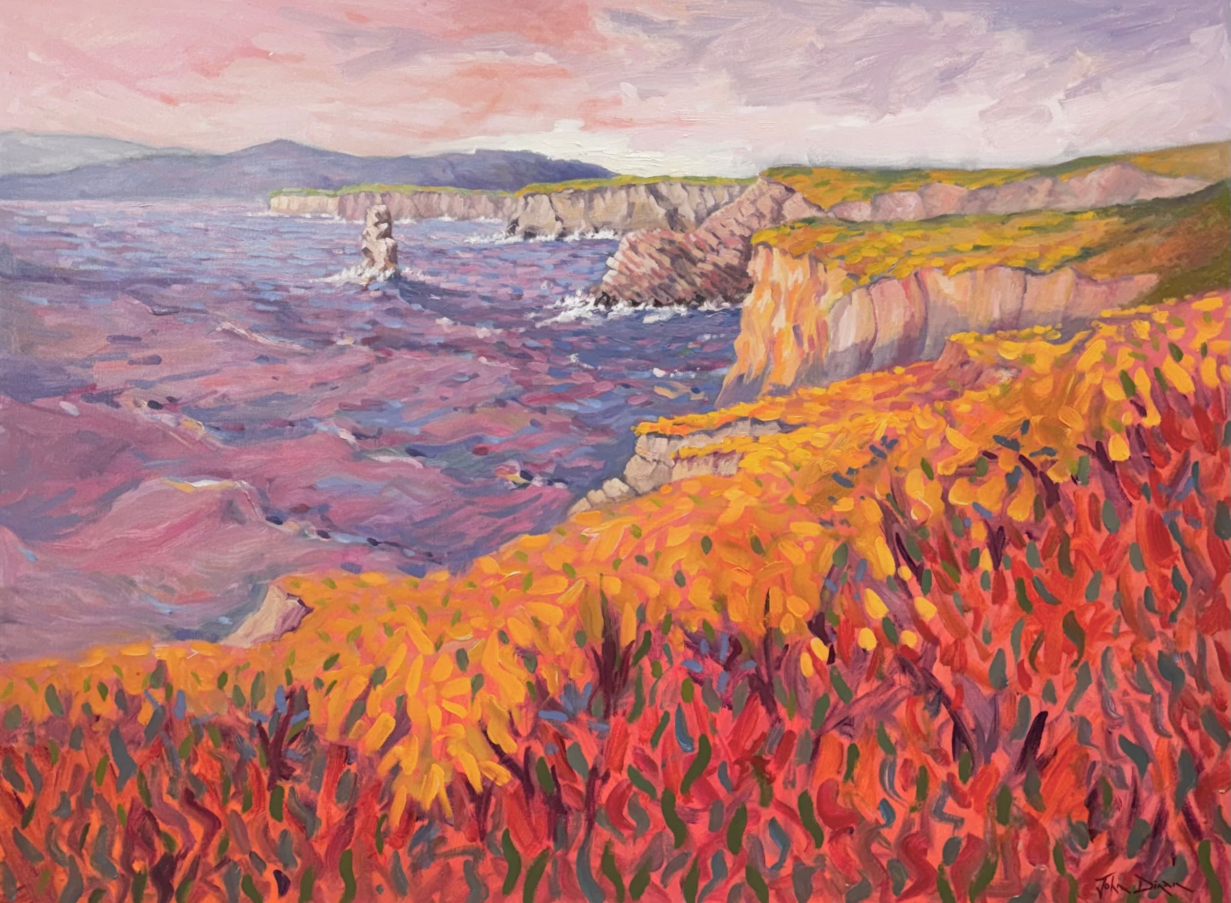 A West of Ireland landscape in colourful pointillist style, featuring a seascape with a large sea stack of rock