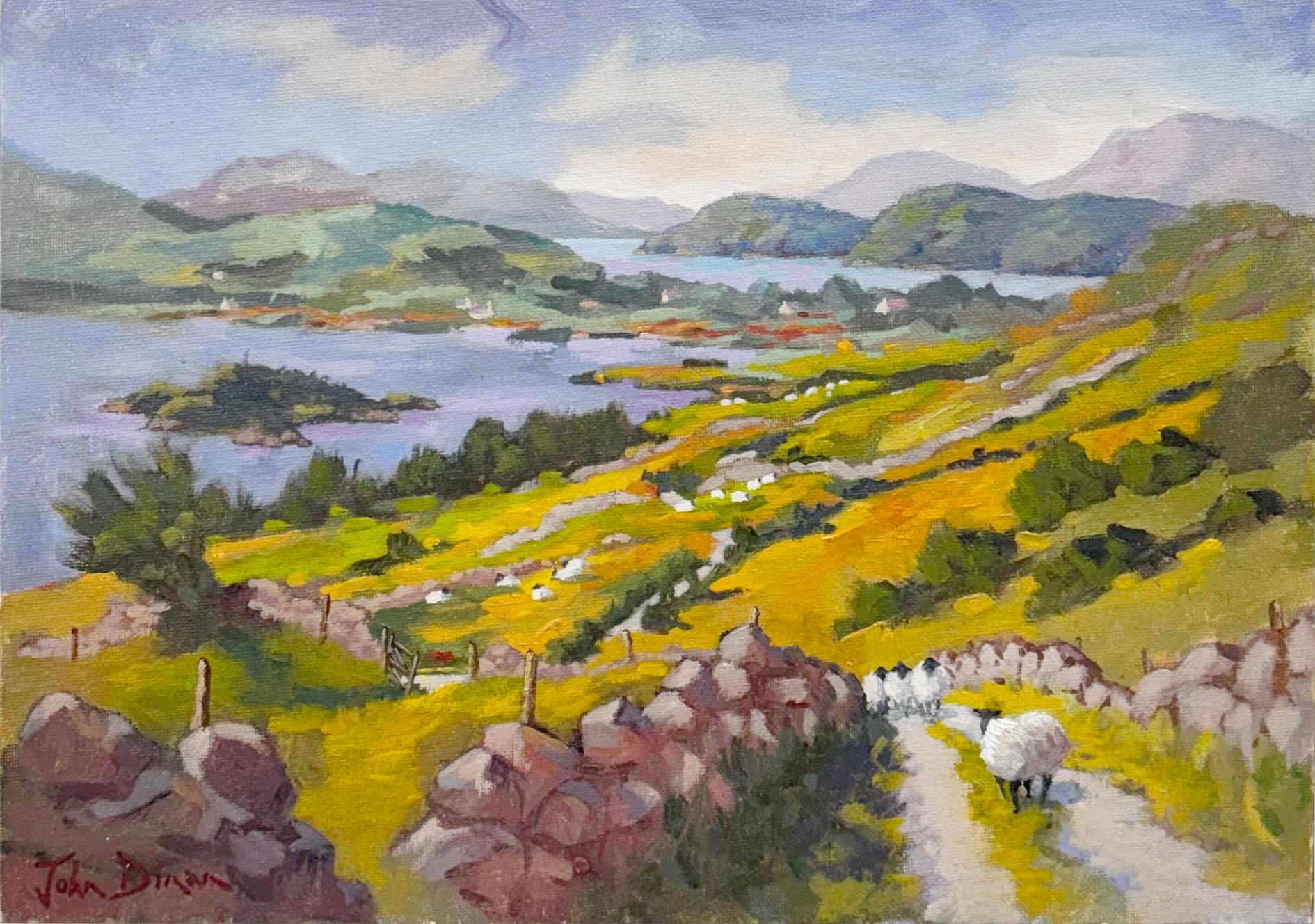 Hills and lake view from ancient roadway in west of Ireland